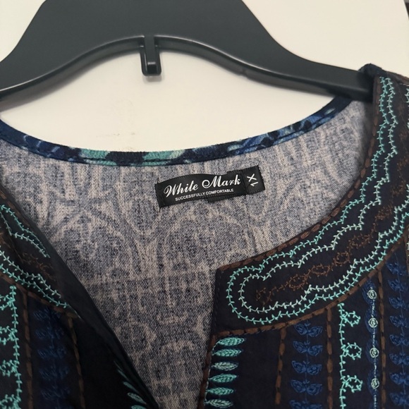 White Mark Plus Size Blue Brown Embroidered Knit Long Sleeve Mini Dress - Picture 3 of 10